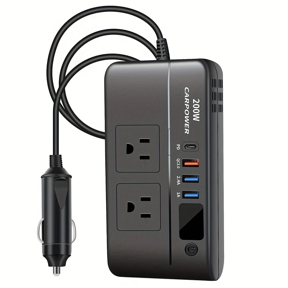 200W Car Inverter DC 12V to 110V AC Power Inverter for Car Charger Adapter with PD 20W USB-C Dual USB Ports and QC3.0 Fast Charging Port (image for) 200W Car Inverter DC 12V to 110V AC Power Inverter for Car Charger Adapter with PD 20W USB-C Dual USB Ports and QC3.0 Fast Charging Port